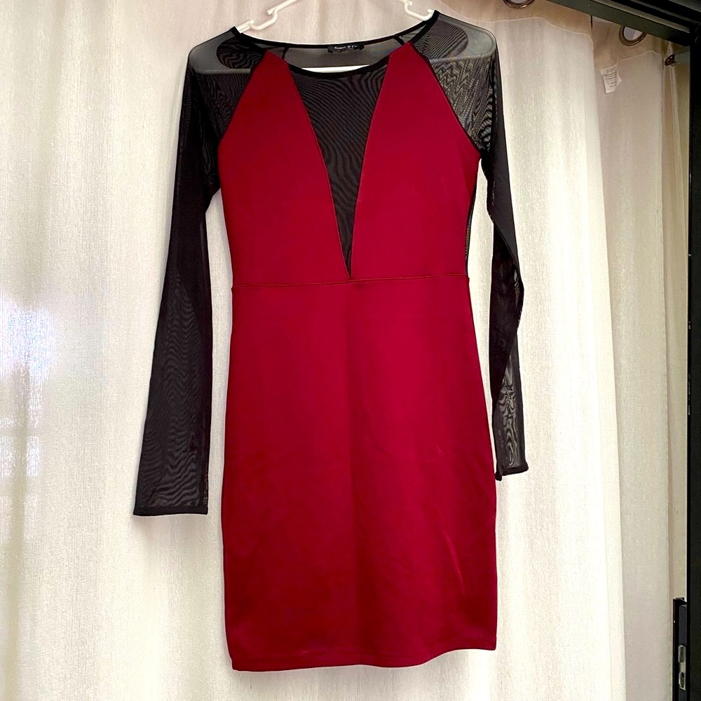 Kenny & Company Maroon and Black V-Neck Bodycon Mesh Dress